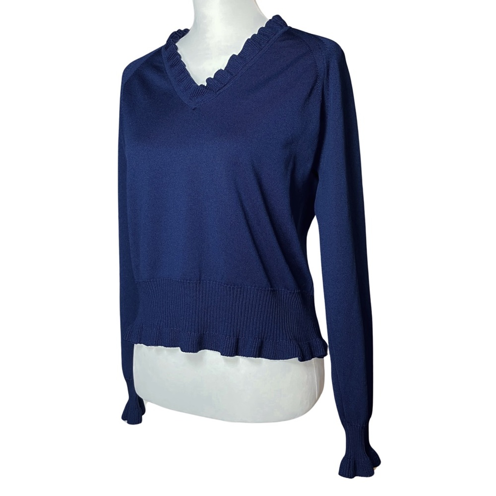 60s 70s Vintage Givenchy Sport Preppy Blue V-Neck Ruffle Sweater. S/M. Old Money